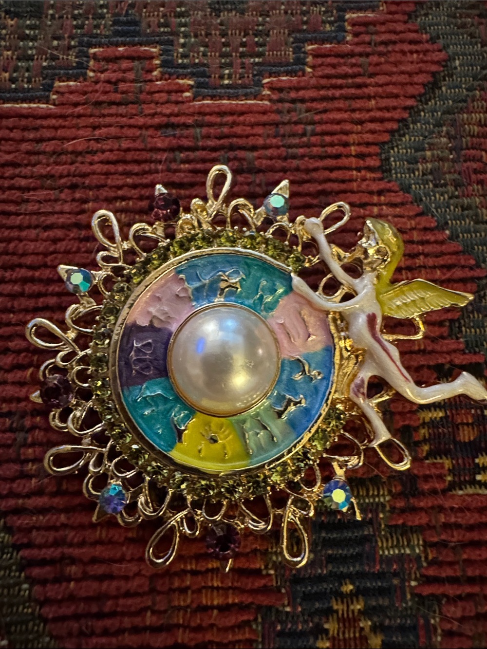 NWOT Gold Angel Zodiac Brooch with Pearl Cabochon - Multicolor
